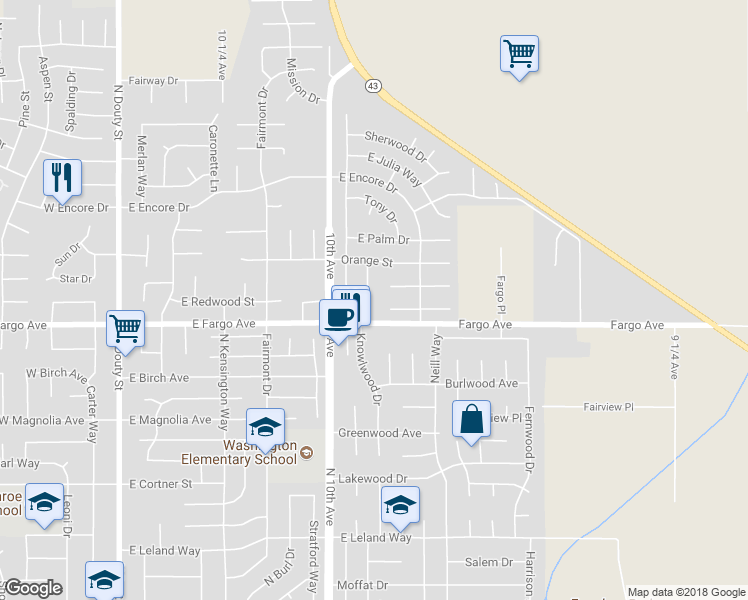 map of restaurants, bars, coffee shops, grocery stores, and more near 2545 Lake Way in Hanford