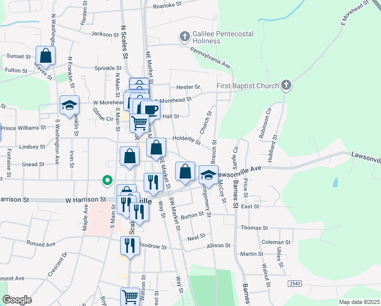 map of restaurants, bars, coffee shops, grocery stores, and more near 212 Lawsonville Avenue in Reidsville