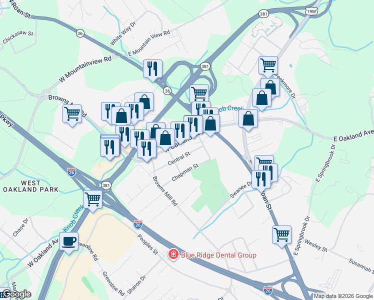 map of restaurants, bars, coffee shops, grocery stores, and more near 308 Central Street in Johnson City