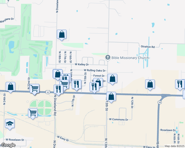 map of restaurants, bars, coffee shops, grocery stores, and more near 1320 West Rolling Oaks Drive in Rogers