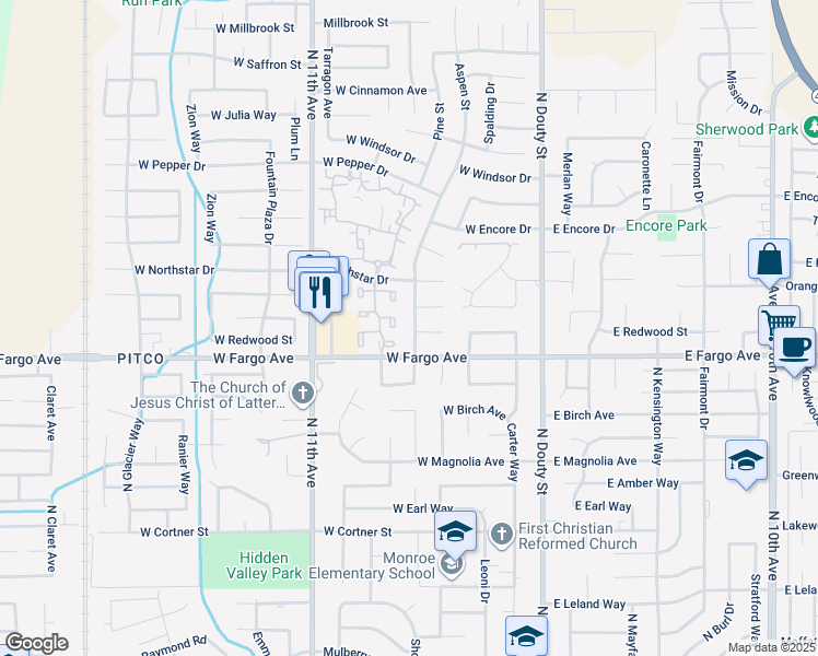 map of restaurants, bars, coffee shops, grocery stores, and more near 2566 Aspen Street in Hanford