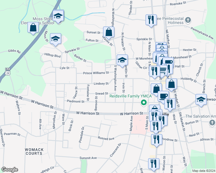 map of restaurants, bars, coffee shops, grocery stores, and more near 623 Lindsey Street in Reidsville