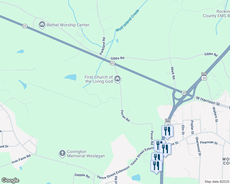 map of restaurants, bars, coffee shops, grocery stores, and more near 1630 Pecan Road in Reidsville