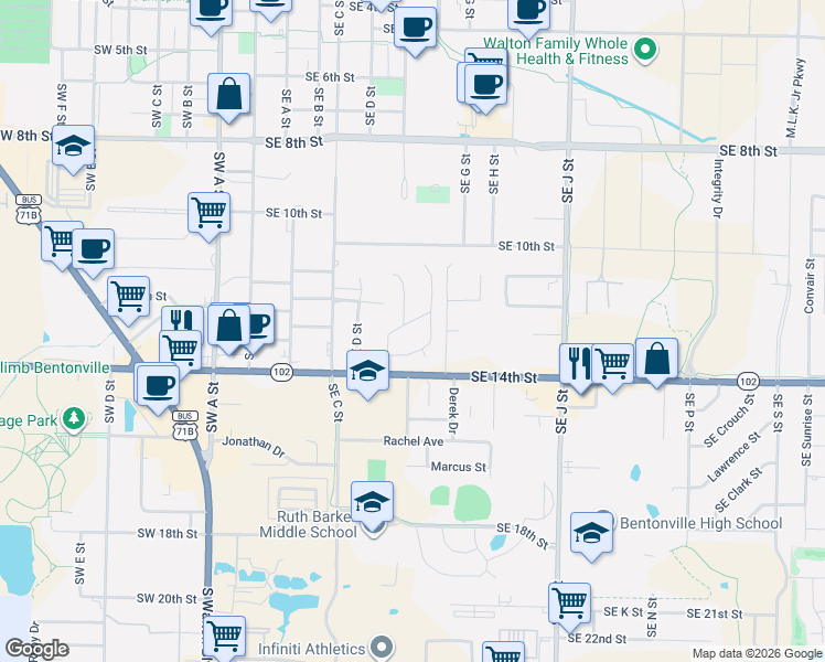map of restaurants, bars, coffee shops, grocery stores, and more near 601-611 Royal Ln in Bentonville