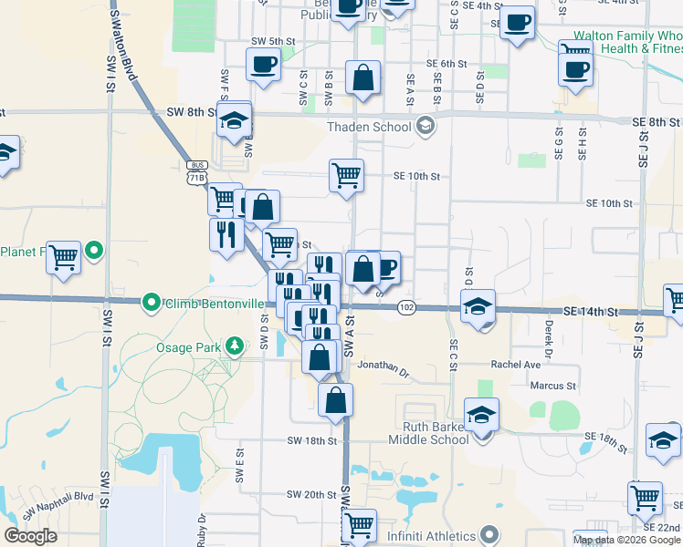 map of restaurants, bars, coffee shops, grocery stores, and more near 1205 Southwest A Street in Bentonville