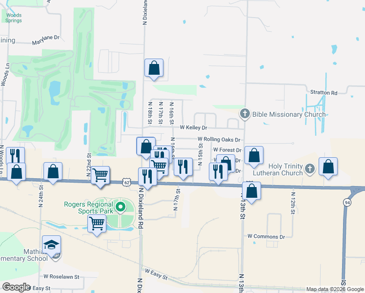 map of restaurants, bars, coffee shops, grocery stores, and more near 1528 Rolling Oaks Drive in Rogers