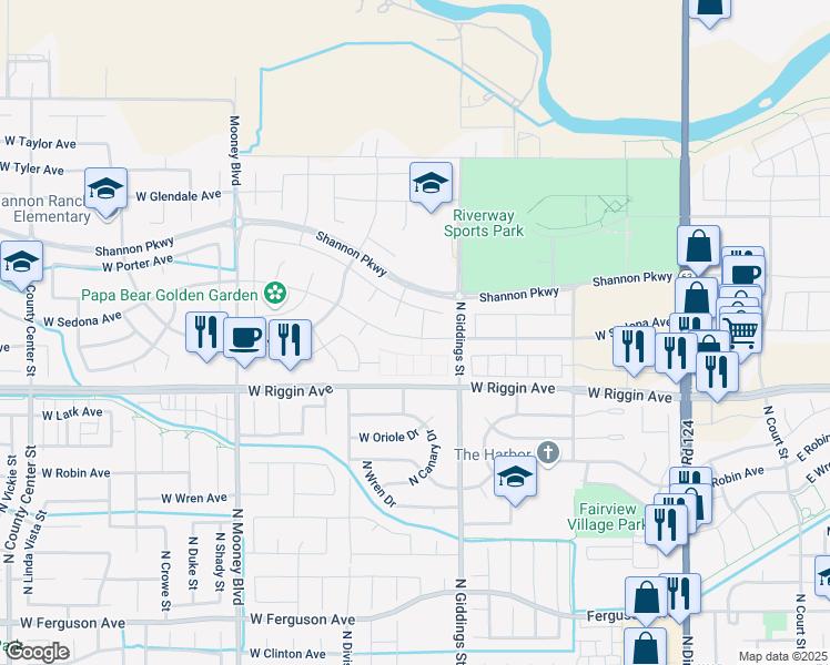 map of restaurants, bars, coffee shops, grocery stores, and more near 1234 West Porter Avenue in Visalia