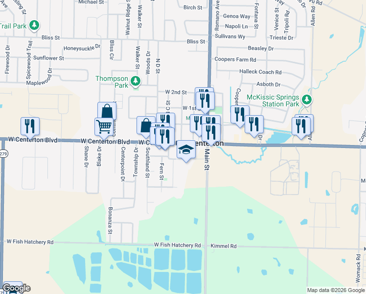 map of restaurants, bars, coffee shops, grocery stores, and more near 293 West Centerton Boulevard in Centerton