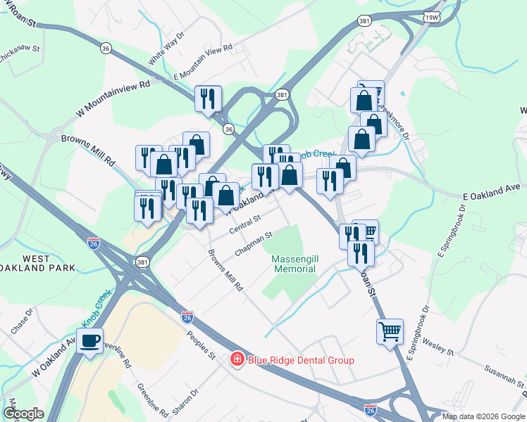 map of restaurants, bars, coffee shops, grocery stores, and more near 308 Central Street in Johnson City