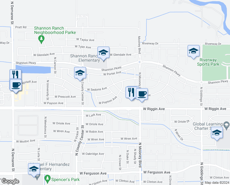 map of restaurants, bars, coffee shops, grocery stores, and more near 3126 Newport Avenue in Visalia