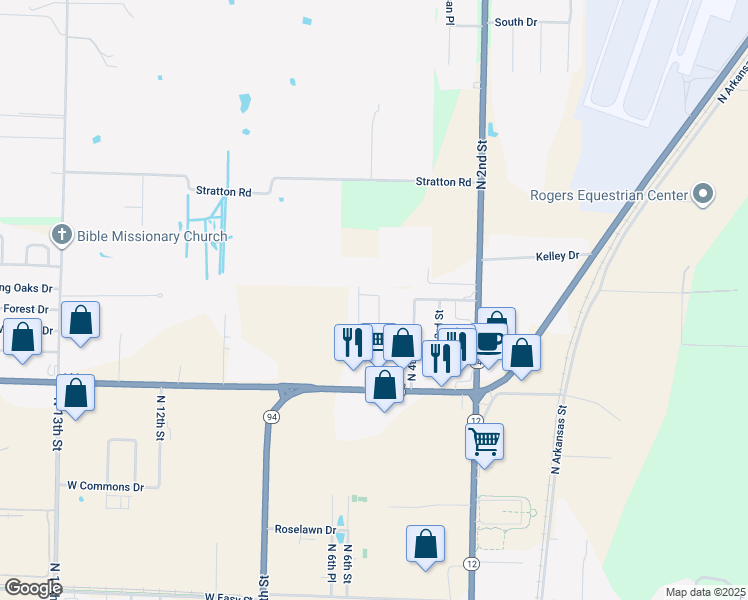 map of restaurants, bars, coffee shops, grocery stores, and more near 2716 North 5th Street in Rogers