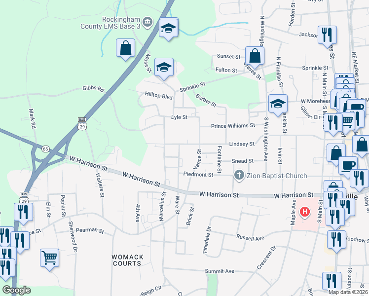 map of restaurants, bars, coffee shops, grocery stores, and more near 917 Lindsey Street in Reidsville