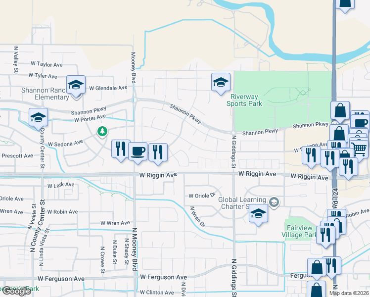 map of restaurants, bars, coffee shops, grocery stores, and more near 1830 West Corvina Avenue in Visalia
