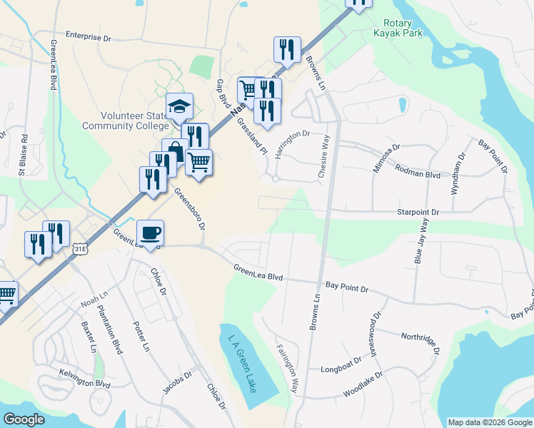 map of restaurants, bars, coffee shops, grocery stores, and more near 1065 Chesire Way in Gallatin