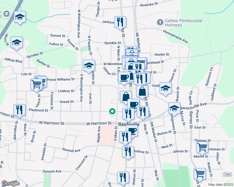 map of restaurants, bars, coffee shops, grocery stores, and more near 308 South Main Street in Reidsville