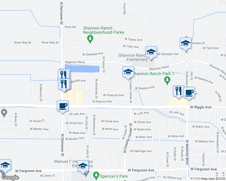 map of restaurants, bars, coffee shops, grocery stores, and more near 2923 West Jerome Avenue in Visalia