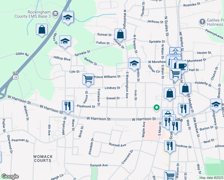 map of restaurants, bars, coffee shops, grocery stores, and more near 635 Lindsey Street in Reidsville