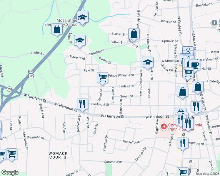 map of restaurants, bars, coffee shops, grocery stores, and more near 803 Lindsey St in Reidsville