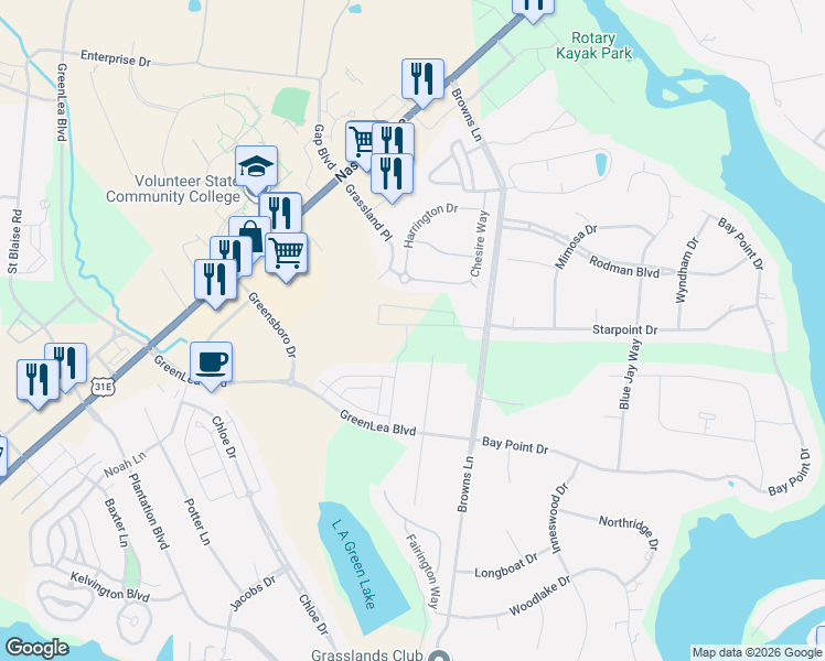 map of restaurants, bars, coffee shops, grocery stores, and more near 1065 Chesire Way in Gallatin