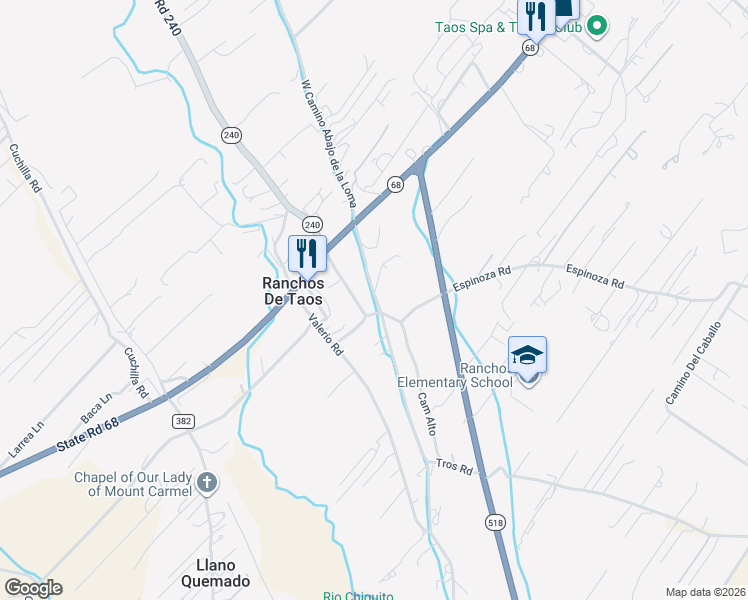 map of restaurants, bars, coffee shops, grocery stores, and more near 18 East Camino Abajo De La Loma in Ranchos de Taos