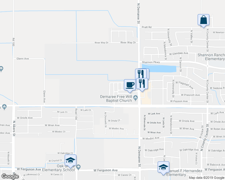 map of restaurants, bars, coffee shops, grocery stores, and more near 3205 North Kayenta Street in Visalia