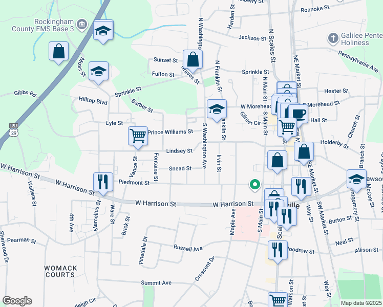 map of restaurants, bars, coffee shops, grocery stores, and more near 623 Lindsey Street in Reidsville