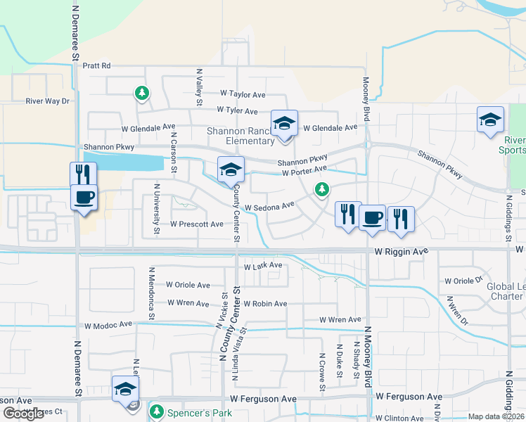 map of restaurants, bars, coffee shops, grocery stores, and more near 3235 North Verde Vista Street in Visalia