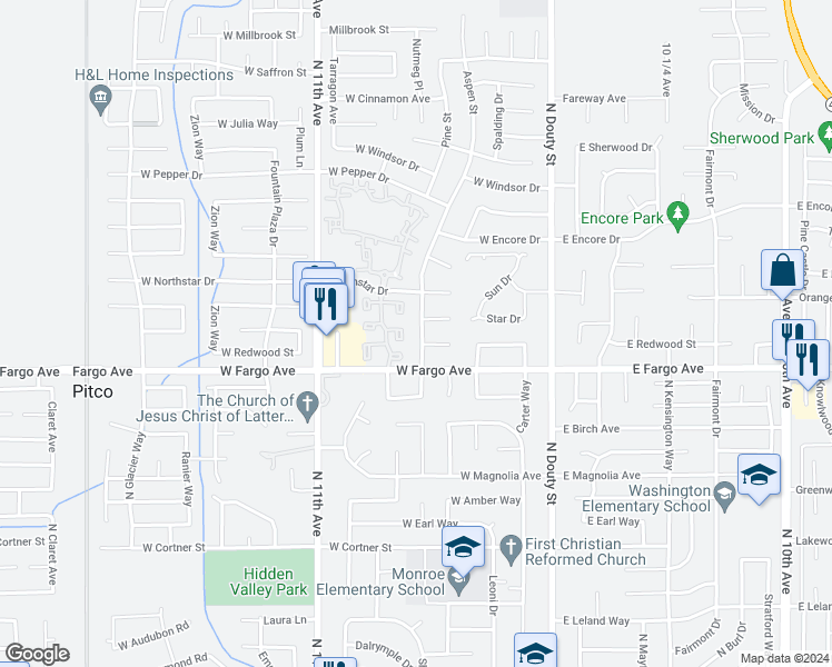 map of restaurants, bars, coffee shops, grocery stores, and more near 2590 Aspen Street in Hanford