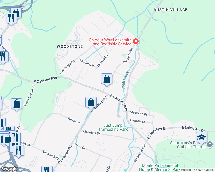 map of restaurants, bars, coffee shops, grocery stores, and more near 606 Princeton Road in Johnson City