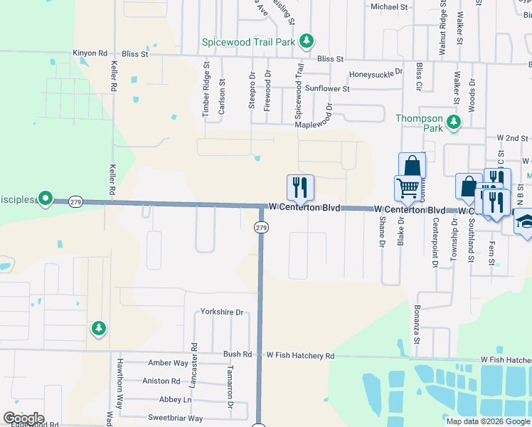 map of restaurants, bars, coffee shops, grocery stores, and more near 1315 West Centerton Boulevard in Centerton