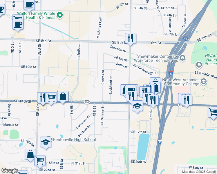 map of restaurants, bars, coffee shops, grocery stores, and more near 1204 Lockheed Street in Bentonville
