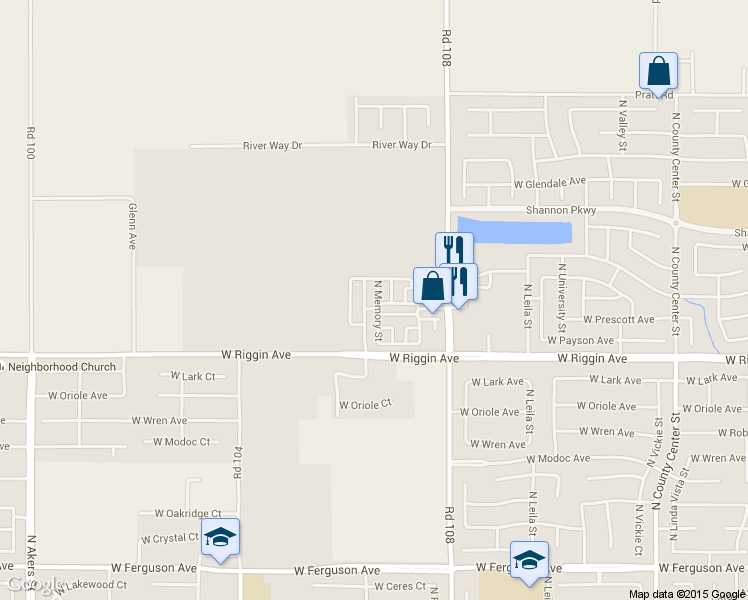 map of restaurants, bars, coffee shops, grocery stores, and more near 3222 Memory Street in Visalia