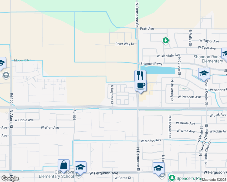 map of restaurants, bars, coffee shops, grocery stores, and more near 3214 North Kayenta Street in Visalia