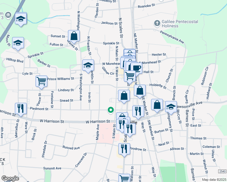 map of restaurants, bars, coffee shops, grocery stores, and more near 308 South Main Street in Reidsville
