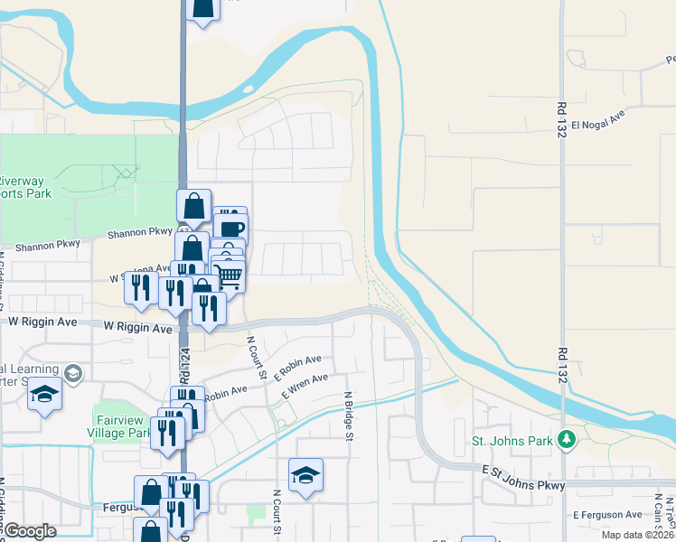 map of restaurants, bars, coffee shops, grocery stores, and more near East Saint Johns Parkway in Visalia