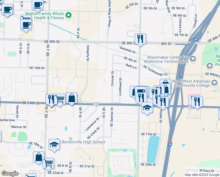 map of restaurants, bars, coffee shops, grocery stores, and more near 1204 Convair Street in Bentonville