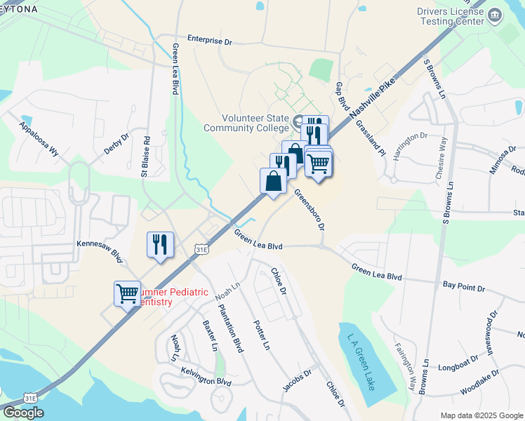 map of restaurants, bars, coffee shops, grocery stores, and more near 1553 Nashville Pike in Gallatin