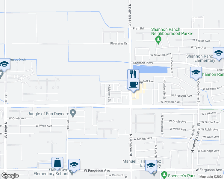 map of restaurants, bars, coffee shops, grocery stores, and more near 3207 Winslow Street in Visalia