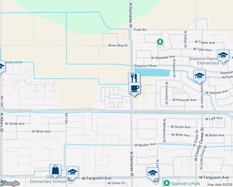 map of restaurants, bars, coffee shops, grocery stores, and more near 3209 Tilden Street in Visalia