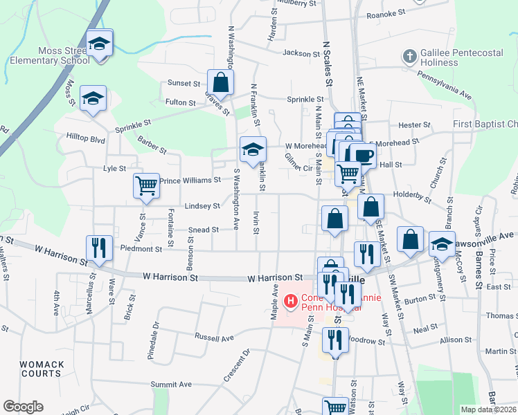 map of restaurants, bars, coffee shops, grocery stores, and more near 309 Irvin Street in Reidsville