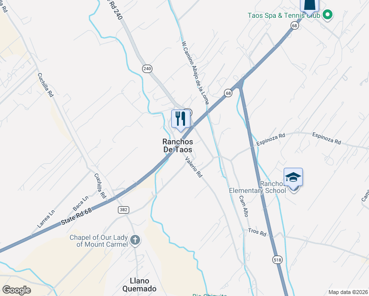 map of restaurants, bars, coffee shops, grocery stores, and more near 10 Ranchos Plaza in Ranchos de Taos