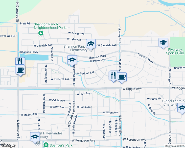 map of restaurants, bars, coffee shops, grocery stores, and more near 2627 West Sedona Avenue in Visalia