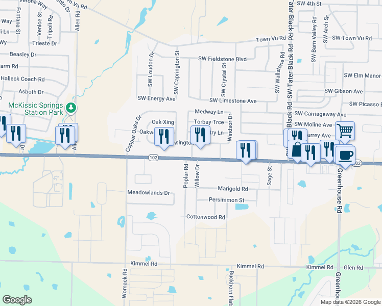 map of restaurants, bars, coffee shops, grocery stores, and more near 1190 Berkshire Road in Centerton