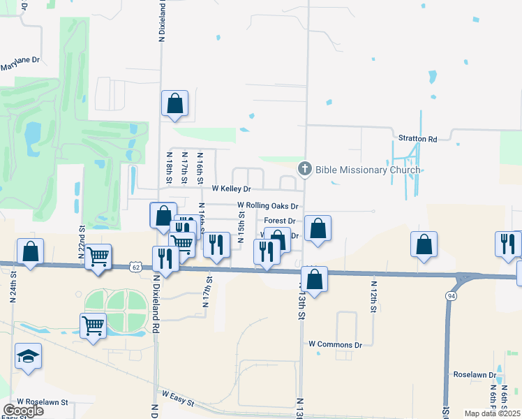 map of restaurants, bars, coffee shops, grocery stores, and more near 1320 West Rolling Oaks Drive in Rogers