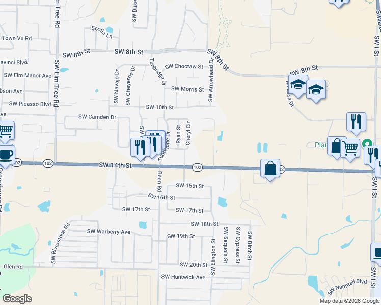 map of restaurants, bars, coffee shops, grocery stores, and more near 20 Cheryl Circle in Bentonville