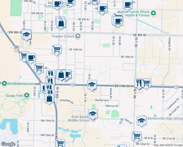 map of restaurants, bars, coffee shops, grocery stores, and more near 1209 Southeast D Street in Bentonville
