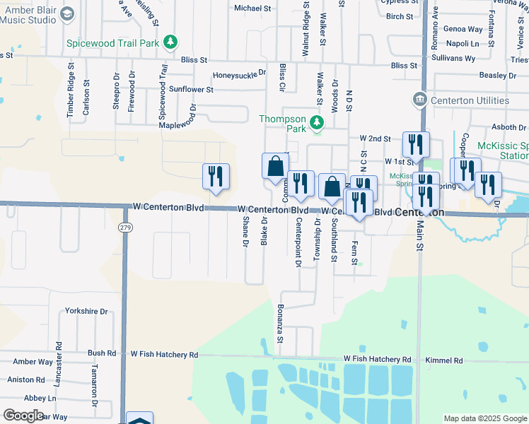 map of restaurants, bars, coffee shops, grocery stores, and more near 192 Blake Drive in Centerton