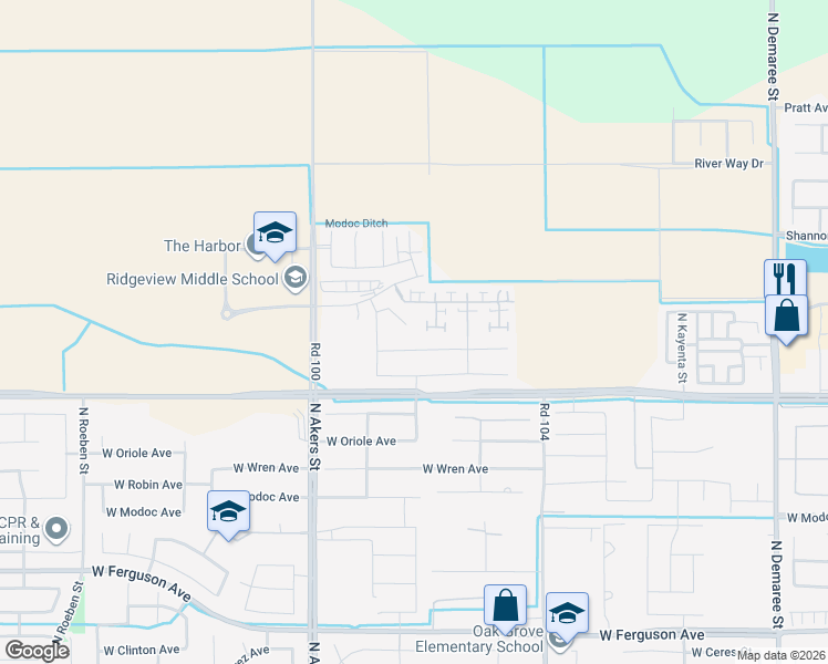 map of restaurants, bars, coffee shops, grocery stores, and more near Glenn Avenue in Visalia