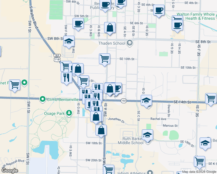 map of restaurants, bars, coffee shops, grocery stores, and more near 1205 Southwest A Street in Bentonville