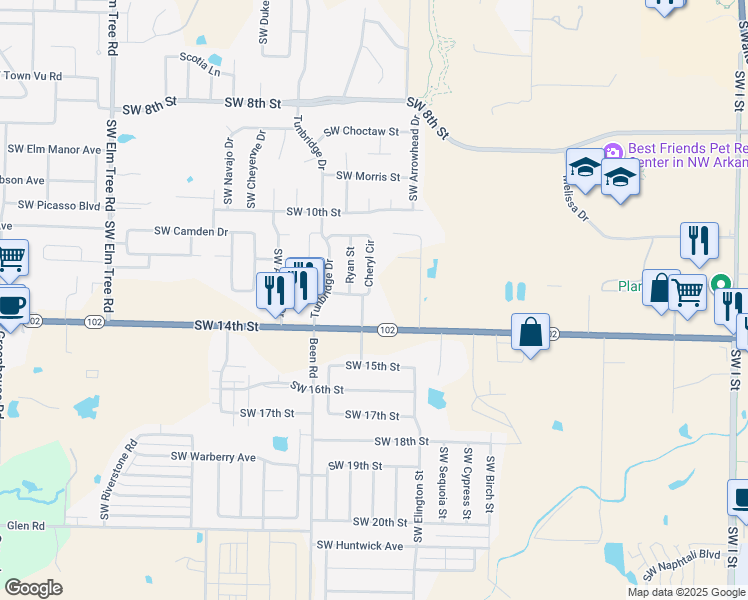 map of restaurants, bars, coffee shops, grocery stores, and more near 20 Cheryl Circle in Bentonville